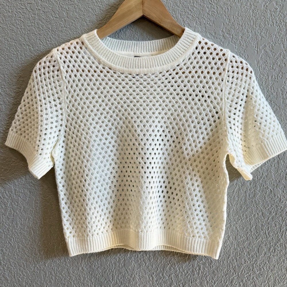 H&M Divided Short Sleeve Hole-Knit Top Crewneck  Women's S Crochet look Ivory